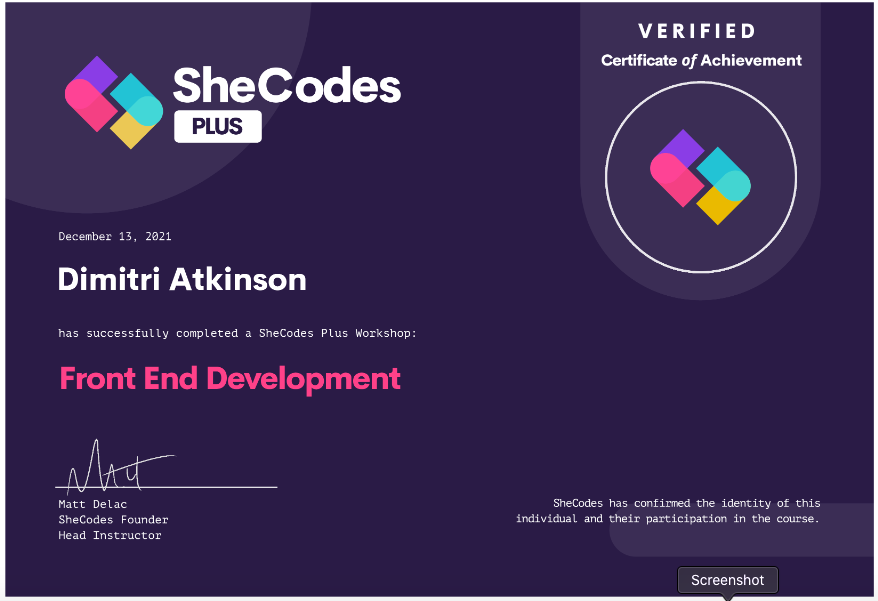 dimitri front end development certification